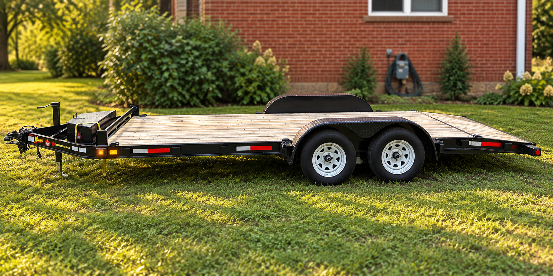 Black utility trailer on grass